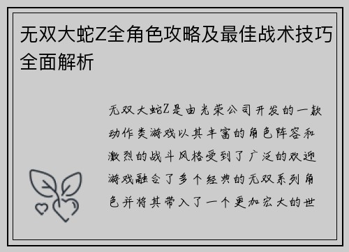 无双大蛇Z全角色攻略及最佳战术技巧全面解析 无双大蛇Z全角色攻略及最佳战术技巧全面解析